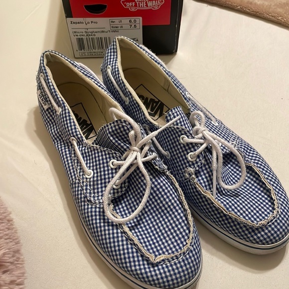 Vans Slip on blue and white gingham print checkered-Size 7.5 - Picture 1 of 4